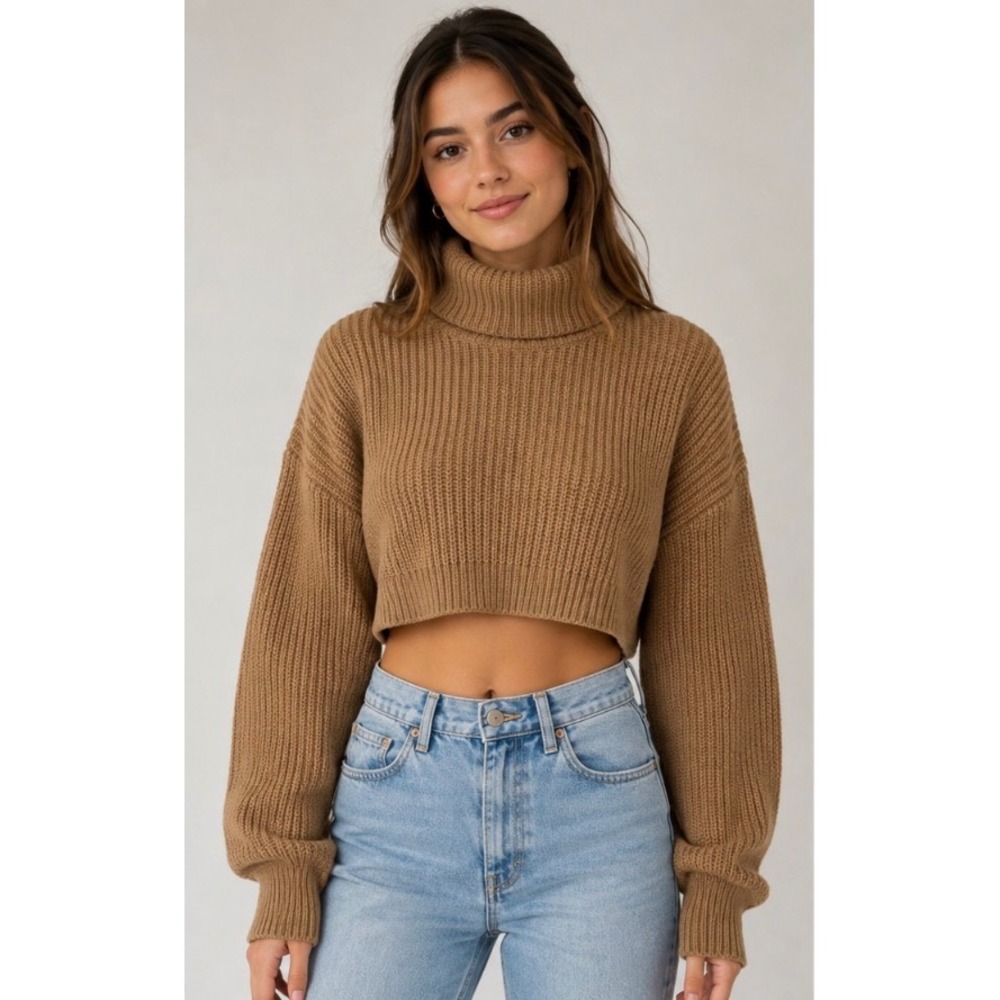 Princess Polly Cropped Turtleneck Sweater Camel Tan Ribbed Knit XS/S